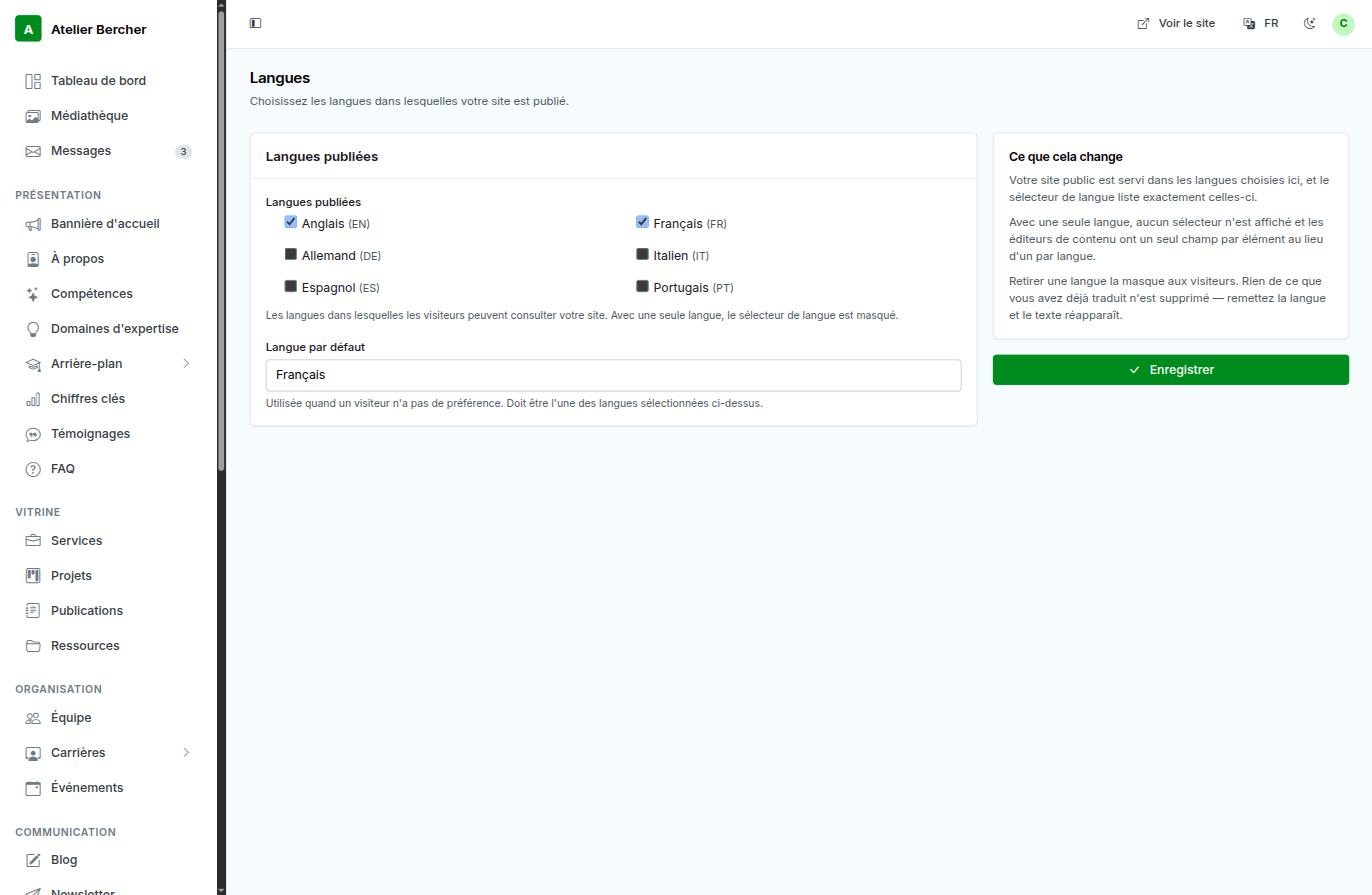 La schermata Lingue: sei caselle e una lingua predefinita.